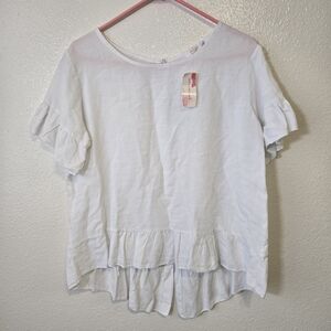 ME & GEE Italy Top Linen Cotton Ruffle Sleeve Peplum Abalone Button Up Back NWT